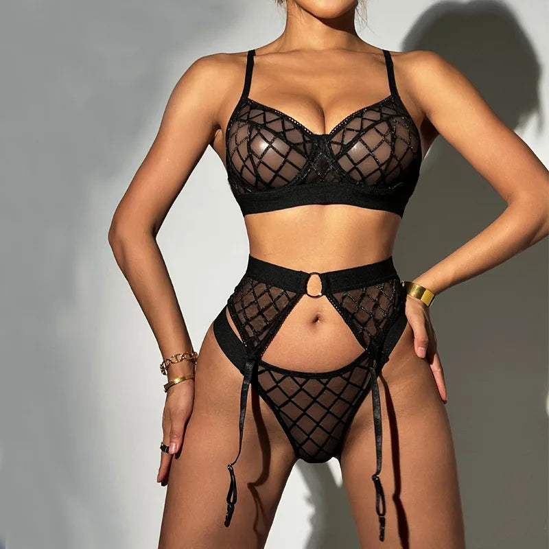 Erotic Sexy Lingerie Set — Lace Transparent Underwear Brief Set with Push Up Bra