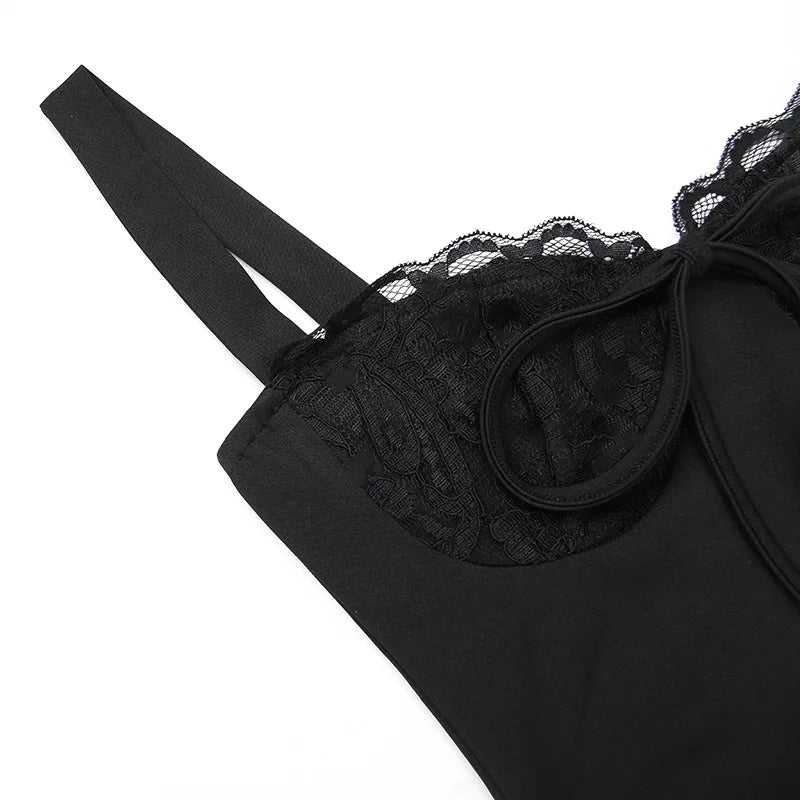 Seductive Elegance — Lace Spliced Backless Tie-Front Maxi Dress
