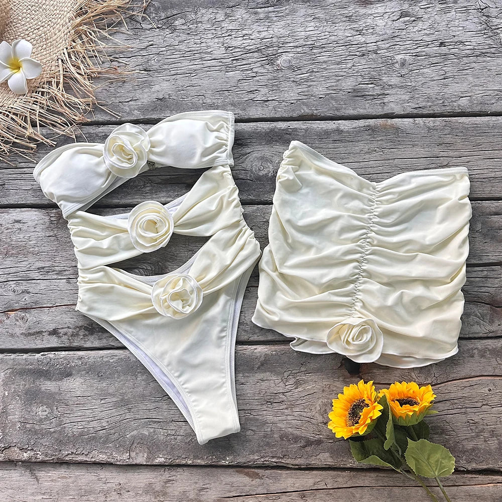 Floral Lace-Up Two-Piece Swimsuit — Push-Up Padded Bra Beachwear Monokini for Women
