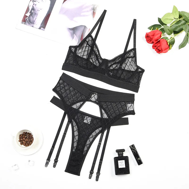 Erotic Sexy Lingerie Set — Lace Transparent Underwear Brief Set with Push Up Bra