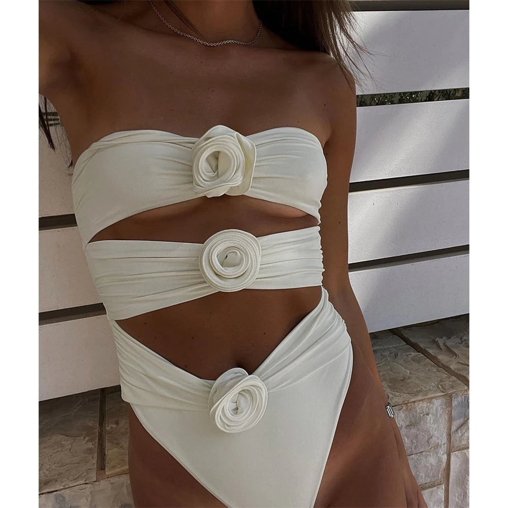 Floral Lace-Up Two-Piece Swimsuit — Push-Up Padded Bra Beachwear Monokini for Women