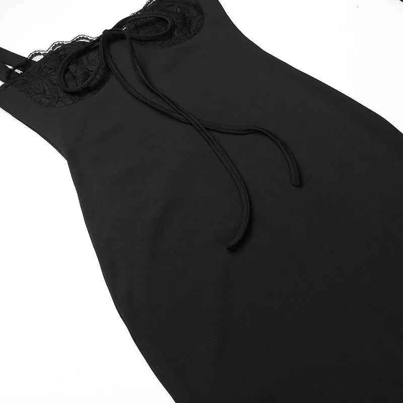 Seductive Elegance — Lace Spliced Backless Tie-Front Maxi Dress